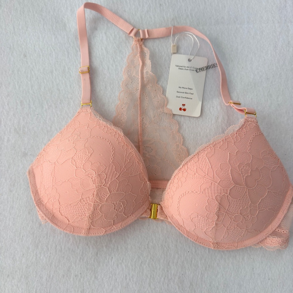 Cherries Peach Pink Lace Racerback Front Close Bra AA-C Small Bust Padded NWT